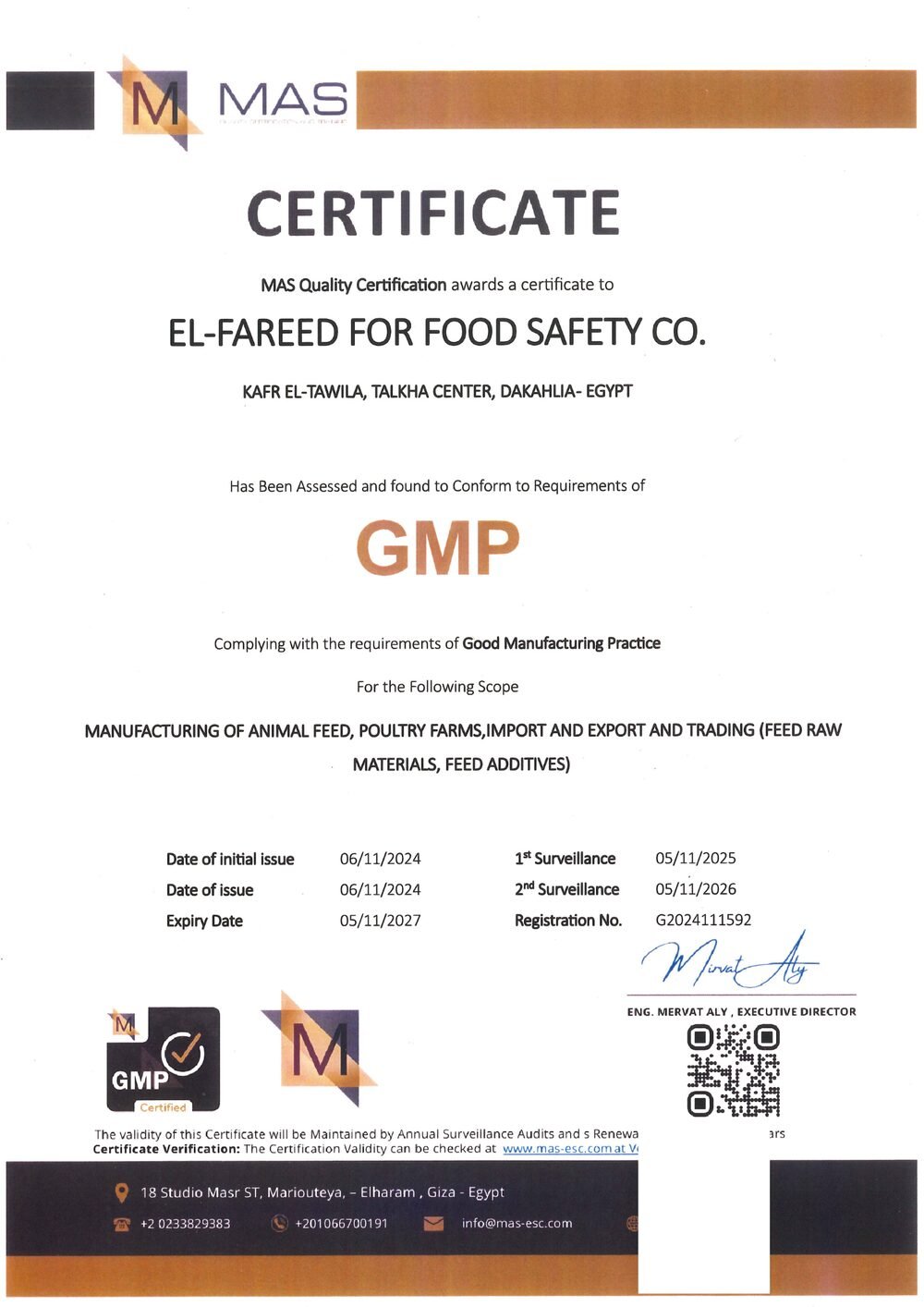 GMP Certificate — El Fareed for Food Safety