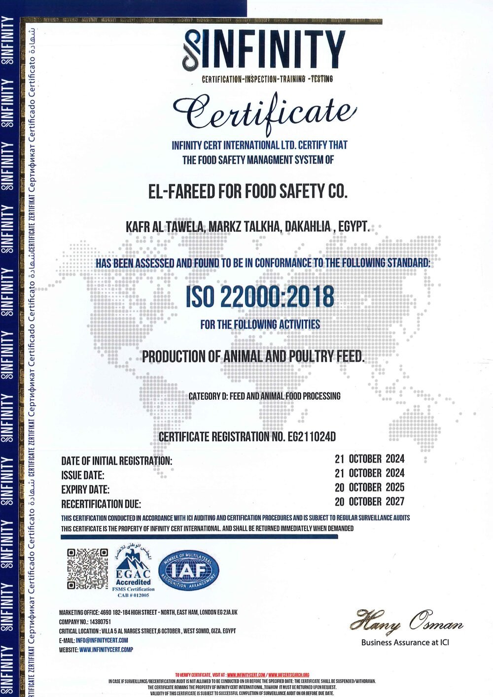 ISO 22000:2018 Certificate — El Fareed for Food Safety