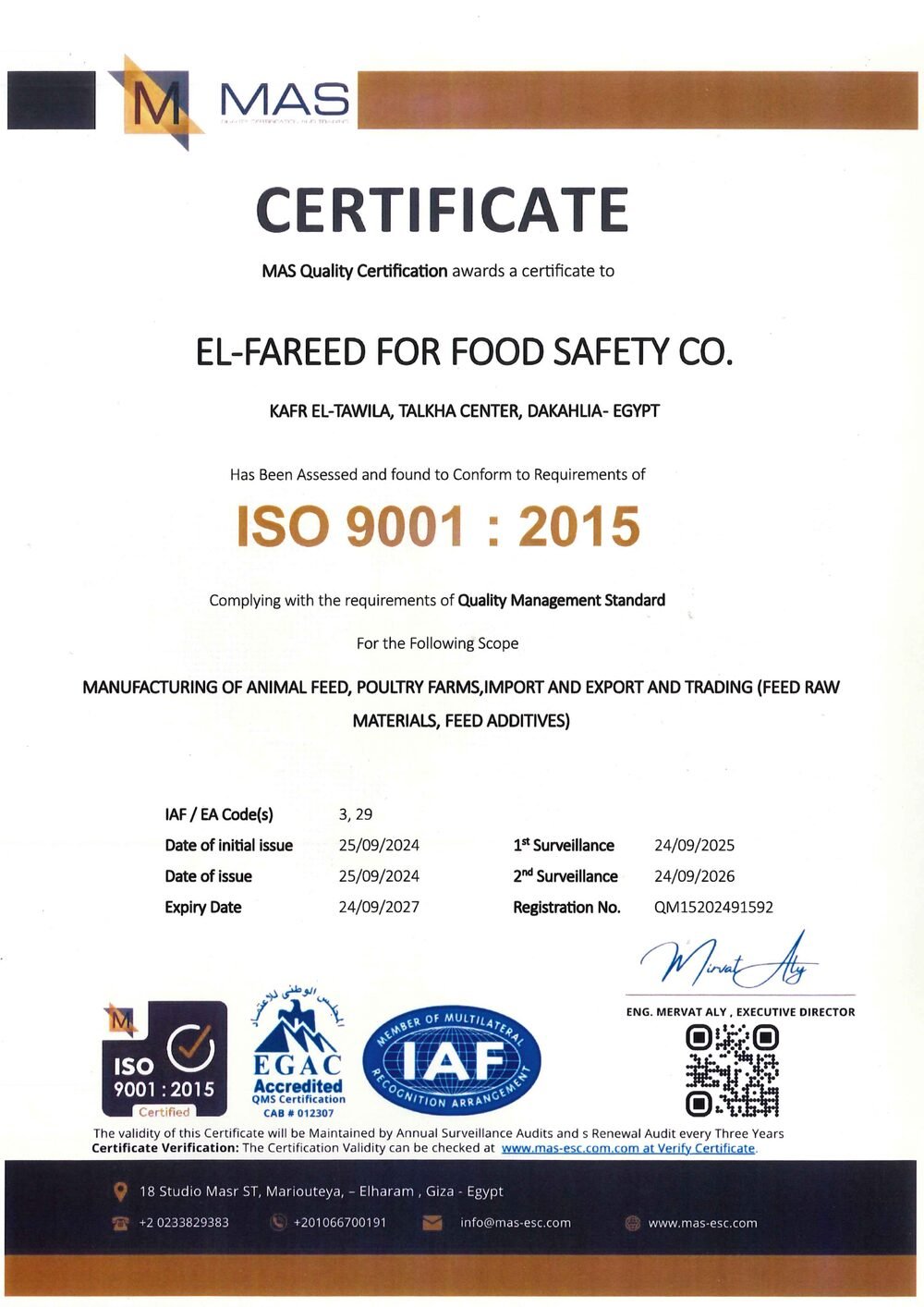 ISO 9001:2015 Certificate — El Fareed for Food Safety